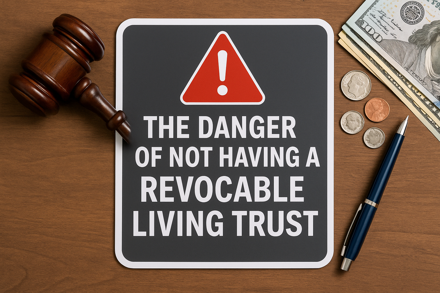 Warning sign reading “The Danger of Not Having a Revocable Living Trust” displayed on a wooden desk with a judge’s gavel, cash, coins, and pen symbolizing legal and financial risks.