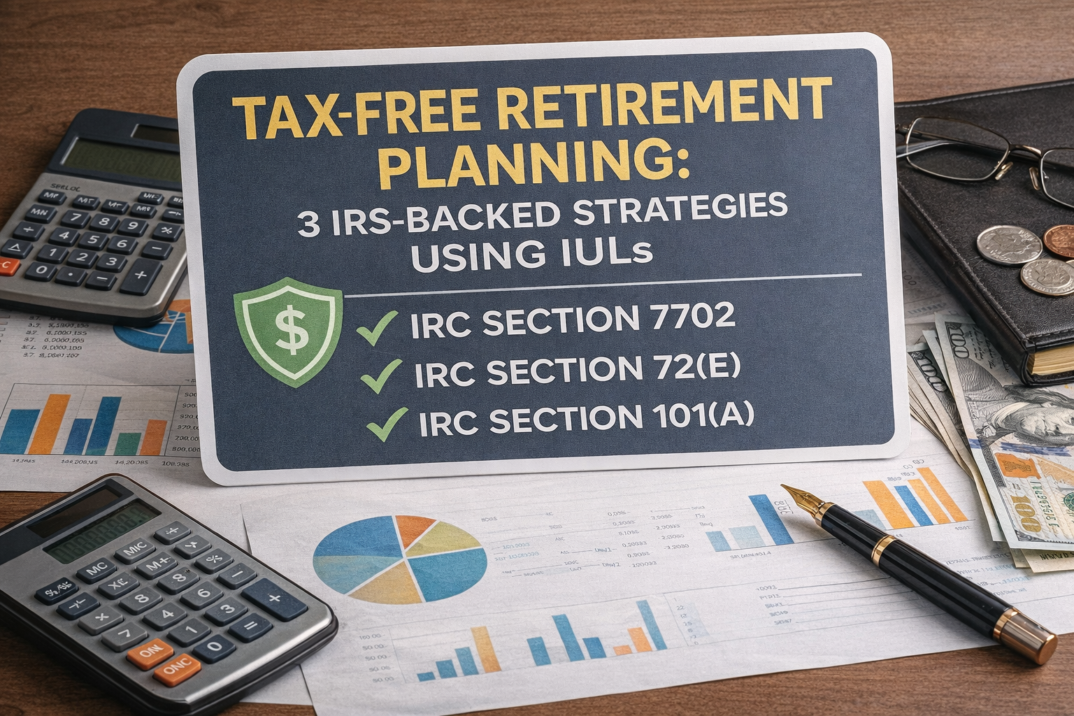 Tax-free retirement planning concept showing a sign listing three IRS-backed strategies using IULs (IRC Sections 7702, 72(e), and 101(a)) on a desk with financial charts, calculator, pen, cash, and notebook.