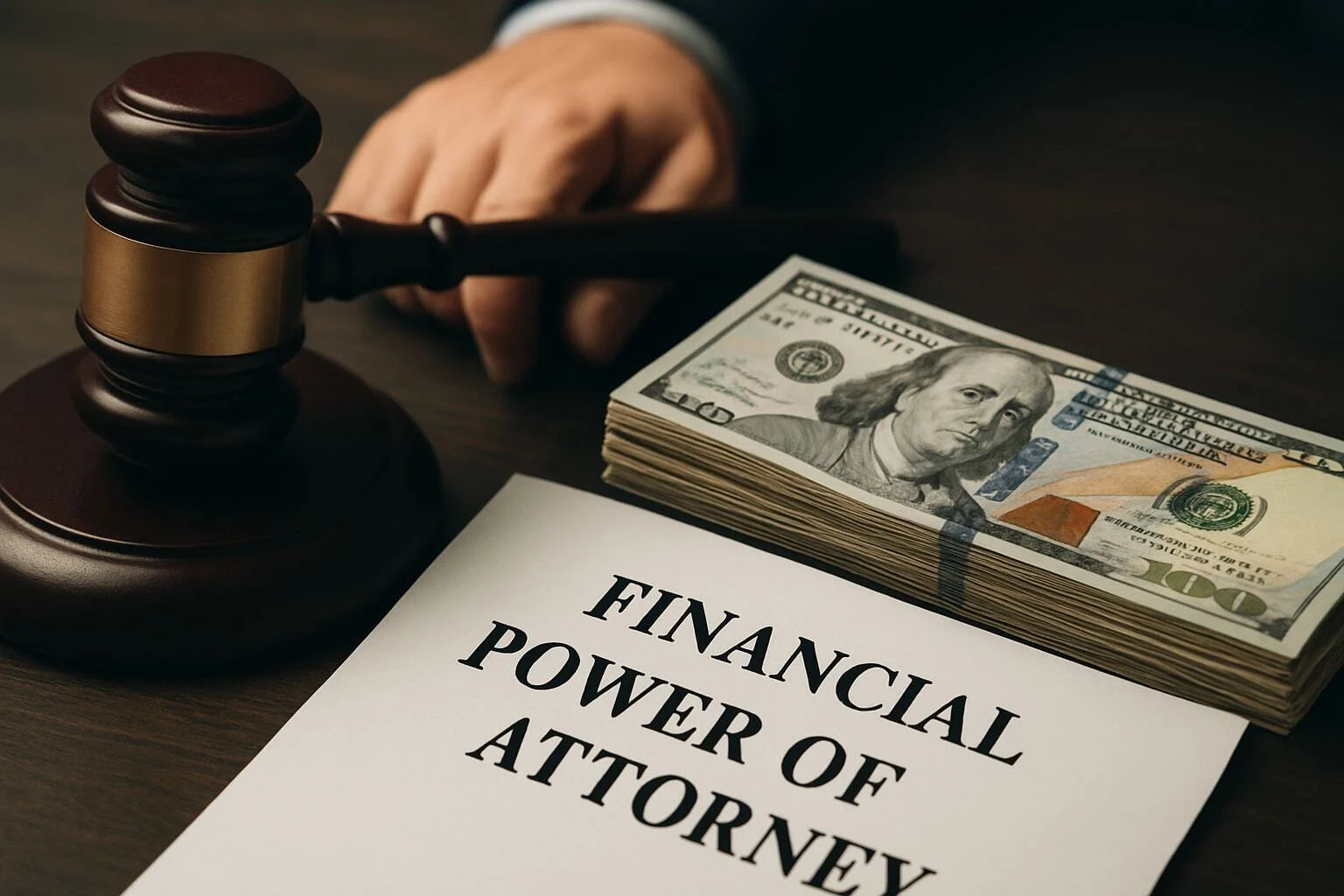 Financial power of attorney document with judge gavel and cash illustrating legal authority to manage finances during incapacity